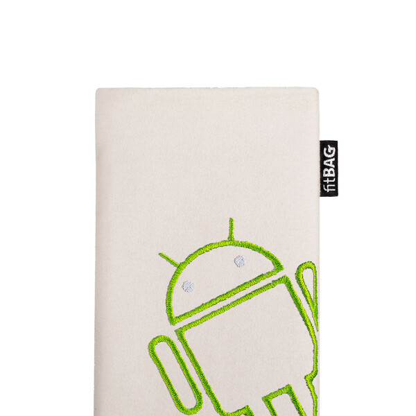 fitBAG Classic Weiß Stitch Android Light    mit Android Roboter Stickerei Handytasche aus Alcantara® mit Mikrofaserinnenfutter