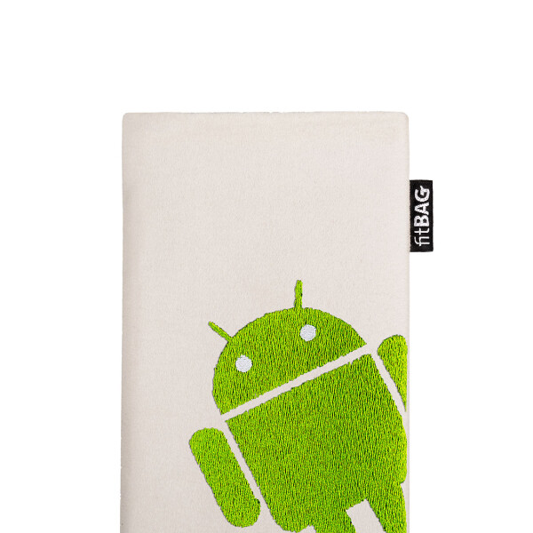 fitBAG Classic Weiß Stitch Android Full    mit Android Roboter Stickerei Handytasche aus Alcantara® mit Mikrofaserinnenfutter