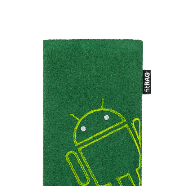fitBAG Classic Smaragd Stitch Android Light    mit Android Roboter Stickerei Handytasche aus Alcantara® mit Mikrofaserinnenfutter