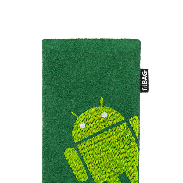 fitBAG Classic Smaragd Stitch Android Full    mit Android Roboter Stickerei Handytasche aus Alcantara® mit Mikrofaserinnenfutter